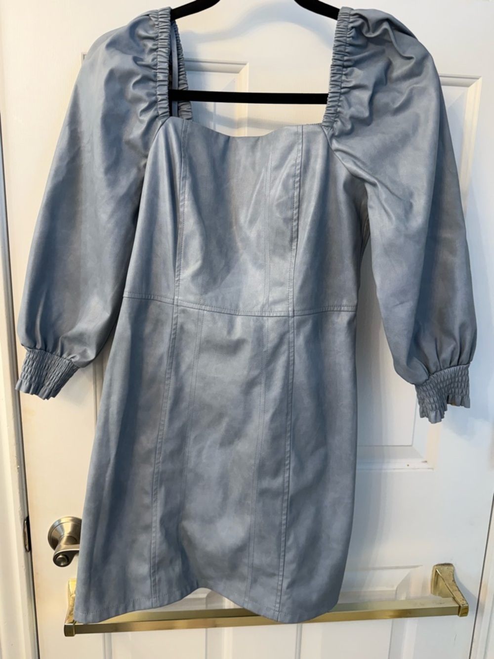 7 For All Mankind Faux Leather Light Blue Puff-Sleeve Mini Dress